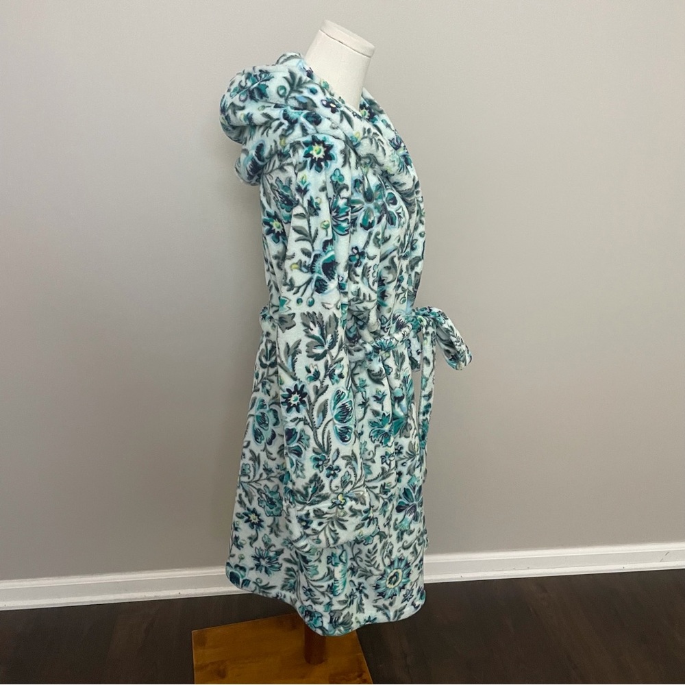Vera Bradley Robe Hooded Plush Cozy Thick Pockets Belted Blue Green Cloud Vine - Picture 8 of 14